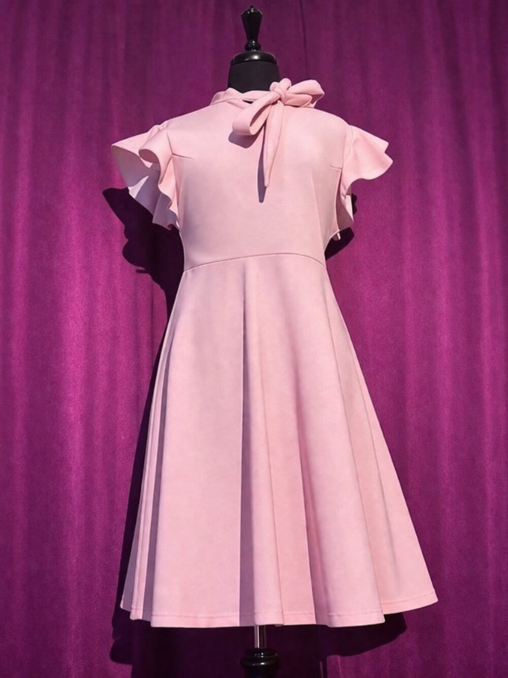 Spring Season Adjustable Tie-Neck Pink Fit & Flare Dress